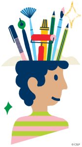 Artistic graphic of a boy with pens, brushes, paint rollers and crayons bursting from his imagination.