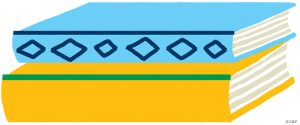 A colorful graphic of a blue book stacked on a yellow book.