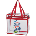 A graphic of a clear tote bar with red fabric straps.