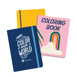 A graphic collage of a book, a coloring book and a journal.