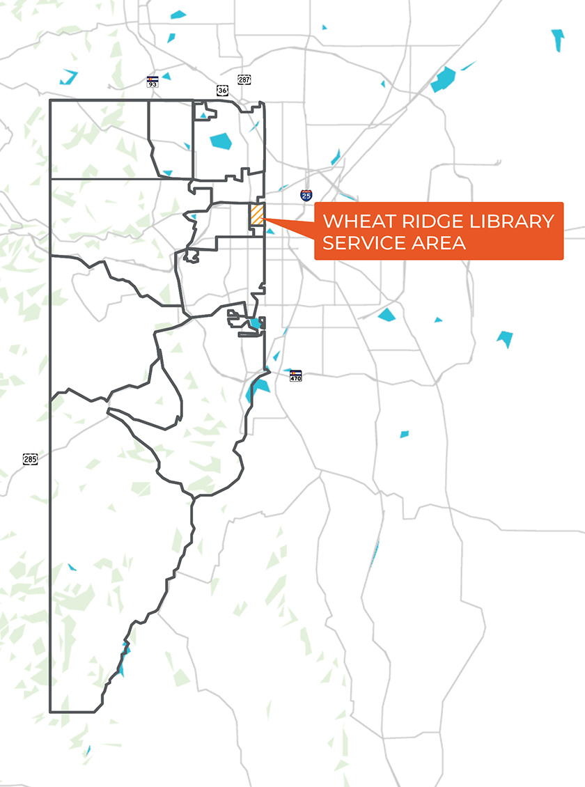 Illustrated map of Jefferson County with an area just below the northeast corner of the county outlined in red, showing the Wheat Ridge Library service area.