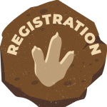 Graphic of a fossilized dinosaur footprint with the word Registration spelled out.