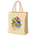 Graphic of a canvas tote with JCPL's Summer Reading 2026 logo: DinoSOAR into Stories.