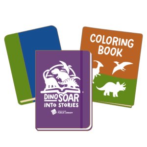 Graphic of a book, a coloring book and a journal.