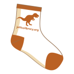 Graphic of a sock with a dinosaur on it and jeffcolibrary.org.