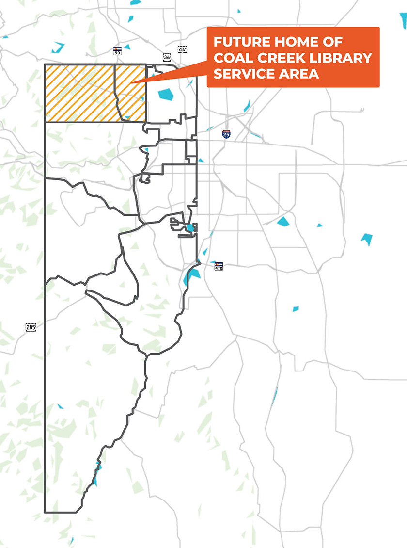 An illustrated map of the Coal Creek Library Service Area, featuring a rectangular shape in the top left of the image highlighted in orange, indicating the northwest part of Jefferson County.