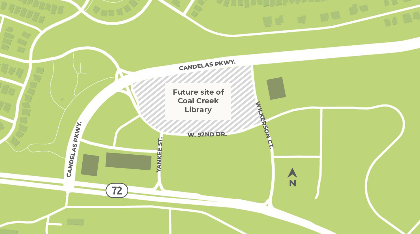 Illustrated street map of the future home of the Coal Creek Library, located off Highway 72 and Candelas Parkway.